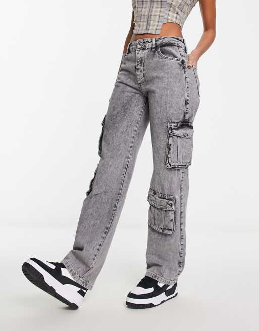 Stradivarius STR denim multi pocket cargo jean in acid wash gray