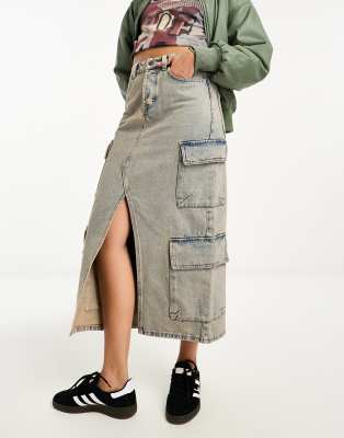 Stradivarius Str Denim Skirt In Vintage Wash-blue