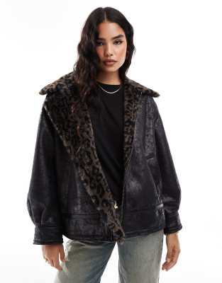 STR distressed aviator jacket with leopard print detail in black