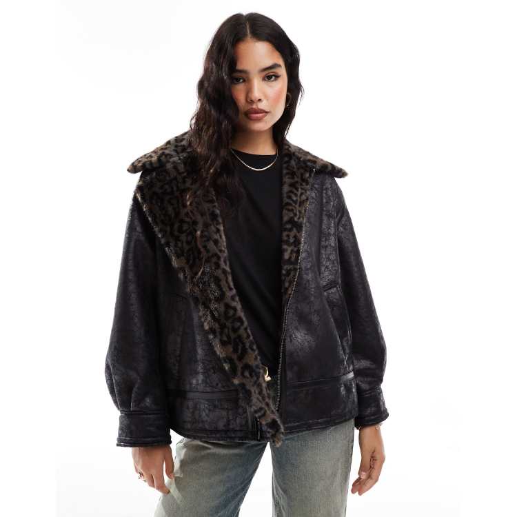 Stradivarius STR distressed aviator jacket with leopard print detail in black