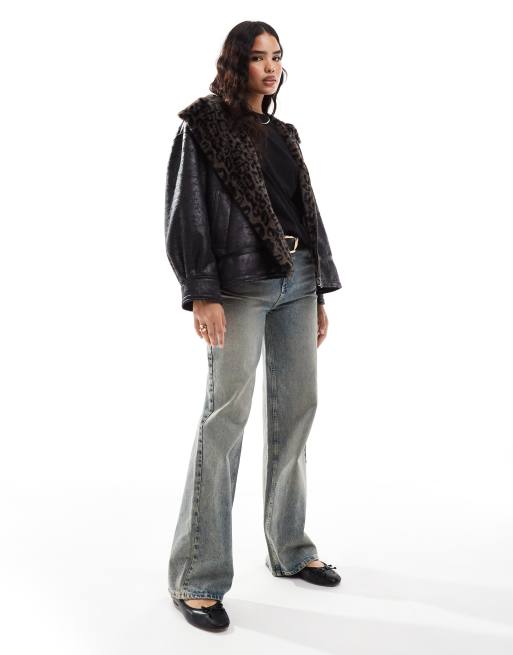 Stradivarius STR distressed aviator jacket with leopard