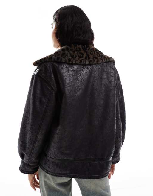 Stradivarius STR distressed aviator jacket with leopard