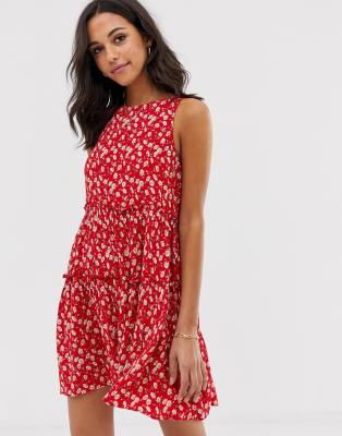 red floral sleeveless dress