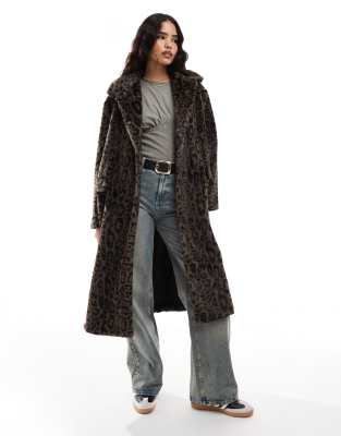 Stradivarius - STR - Duster-Mantel aus Kunstpelz mit Leopardenmuster-Brown