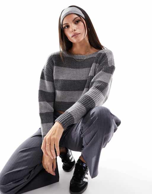 Stradivarius – STR – Dzianinowy sweter o bardzo luźnym kroju w szare paski