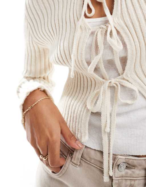 Stradivarius - STR - Ecrufarvet cardigan med bindebånd foran, 3 af 4