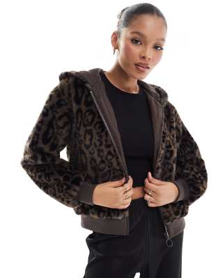 STR faux fur zip up hooded bomber jacket in leopard print-Brown