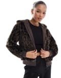 [Stradivarius] Stradivarius STR faux fur zip up hooded bomber jacket in leopard print-Brown XS BROWN