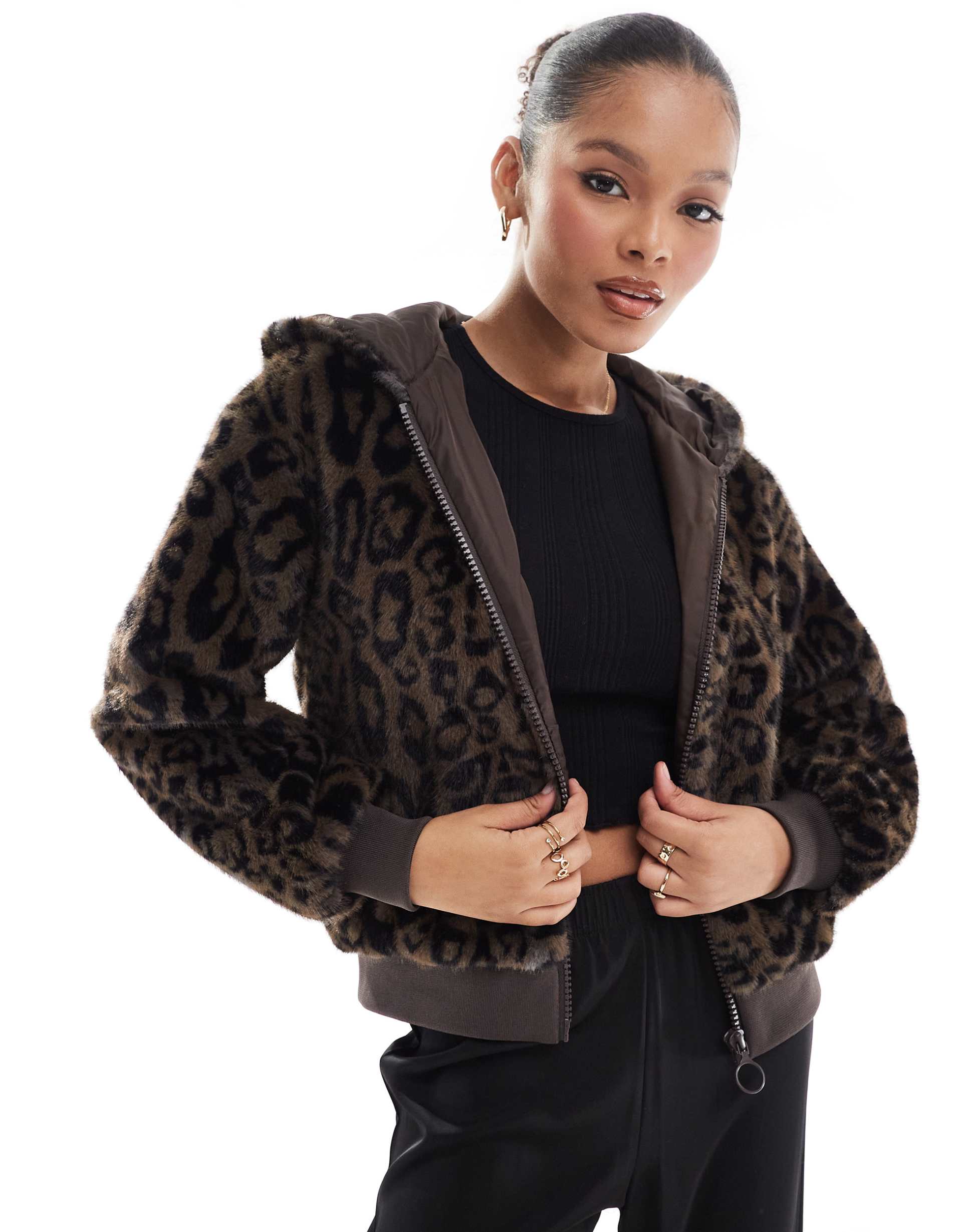 stradivarius str faux fur zip up hooded bomber jacket in leopard print