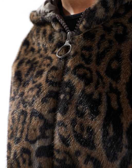 Stradivarius STR faux fur zip up hooded bomber jacket in leopard print