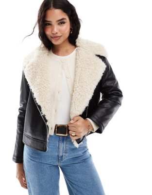 STR faux leather aviator jacket with faux fur detail in black