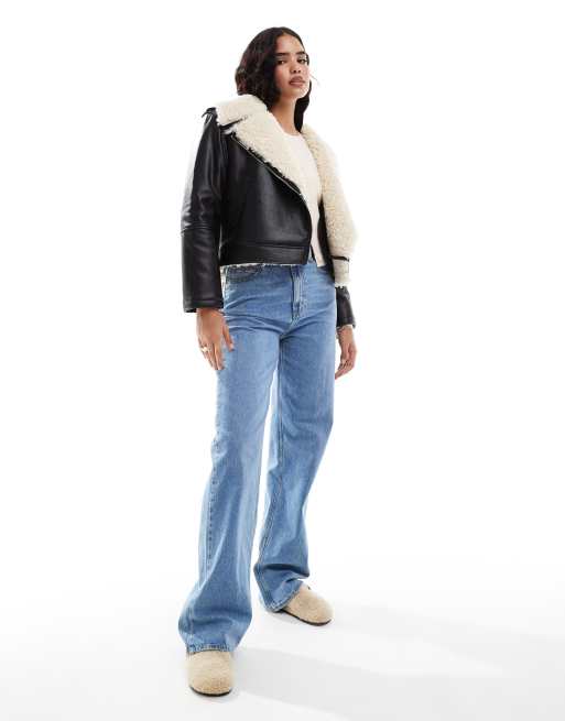Stradivarius STR faux leather aviator jacket with faux fur