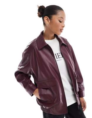 Stradivarius Str Faux Leather Bomber Jacket In Oxblood-red