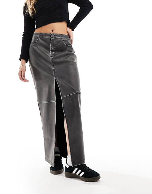 Stradivarius STR faux leather maxi skirt in washed black | ASOS