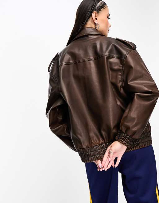 Topshop faux leather oversized biker jacket in washed brown