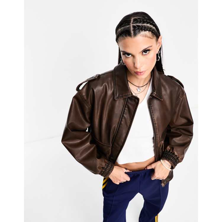 Stradivarius STR faux leather oversized moto jacket in