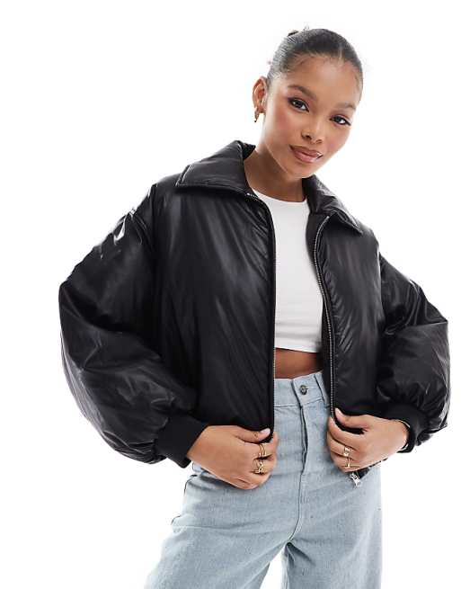 Stradivarius STR faux leather puffer jacket in black | ASOS Stradivarius STR faux leather puffer jacket in black | ASOS