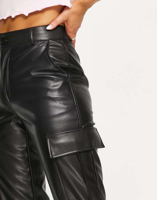 Stradivarius STR faux leather straight leg cargo pants in black