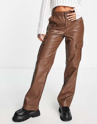 Stradivarius Str Faux Leather Straight Leg Cargo Pants In Brown