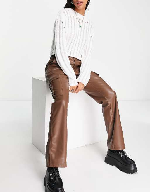 Stradivarius STR faux leather straight leg cargo pants in brown