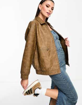 Stradivarius STR faux leather vintage oversized biker jacket in washed tan-Brown