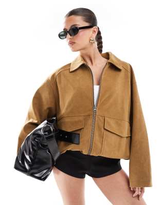 Stradivarius Str Faux Suede Bomber Jacket In Brown