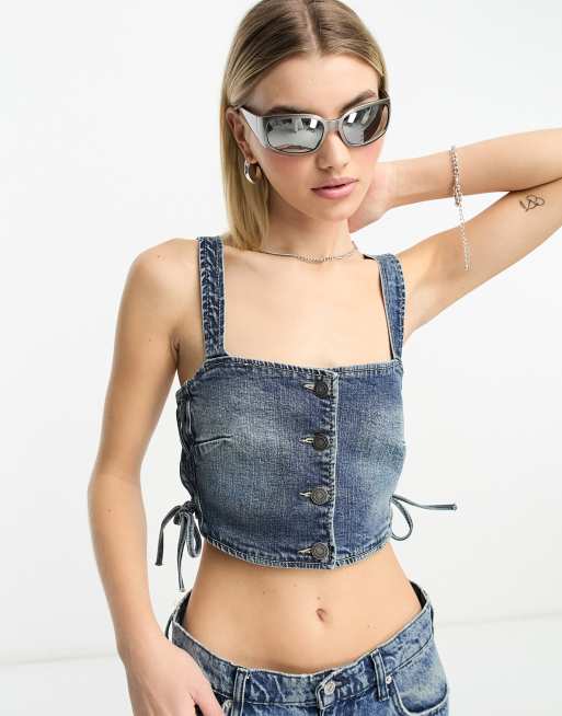 Stradivarius - STR - Forvasket blå croptop i denim med snøre i siden 