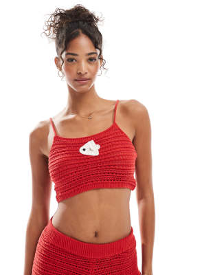 Stradivarius - STR - Gehaakte crop top in rood, deel van co-ord set - view 1