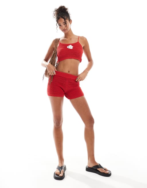 Stradivarius - STR - Gehaakte mini-short in rood, deel van co-ord set, 3 van 5