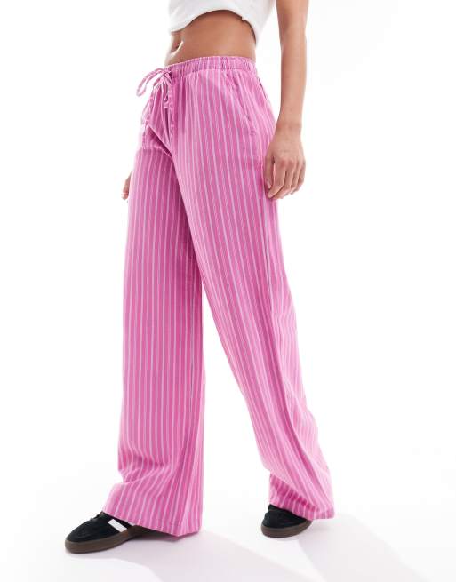 Stradivarius - STR - Gestreepte broek met linnenlook en elastische taille in roze 