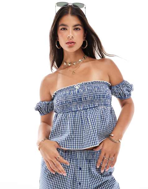 Stradivarius STR gingham print top co-ord in blue - view 1