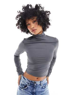 STR high neck long sleeve top in charcoal-Gray