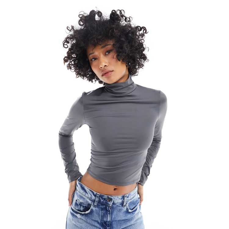Stradivarius STR high neck long sleeve top in charcoal | ASOS
