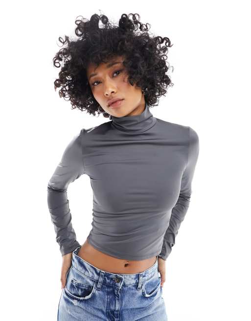 Stradivarius STR high neck long sleeve top in charcoal | ASOS