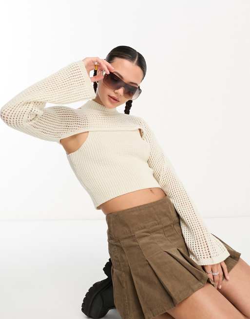 Stradivarius - STR - Hæklet 2-i-1-bolero-top i beige