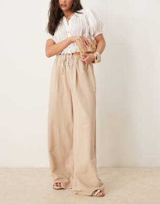 Stradivarius - STR - Hose in steinbeiger Leinenoptik mit Kordelzug-Neutral