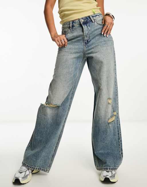 Stradivarius - STR - Jean ample à déchirures - Délavage clair vintage