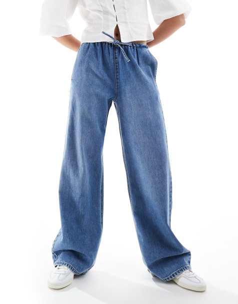 Stradivarius - STR - Jeans blu a fondo ampio con allacciatura elasticizzata in vita - view 1