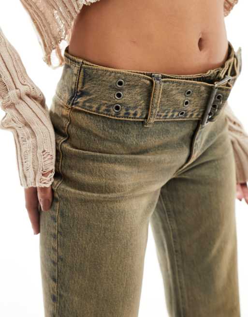 Stradivarius - STR - Jeans med lige ben og bælte i vintage vask , 4 af 5
