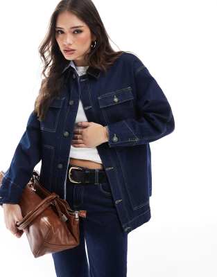 Stradivarius - STR - Jeansjacke in Indigoblau mit Cord-Detail, Kombiteil