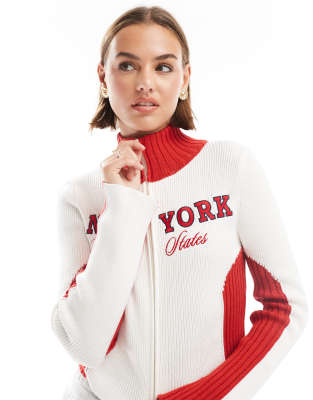 Stradivarius STR knitted 'new york' graphic cardigan in white