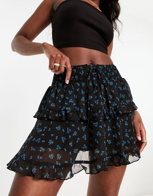 Stradivarius STR lace up ruffle mini skirt in grunge floral print