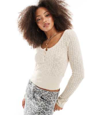 Stradivarius Str Light Knit Buttoned Top In Neutral