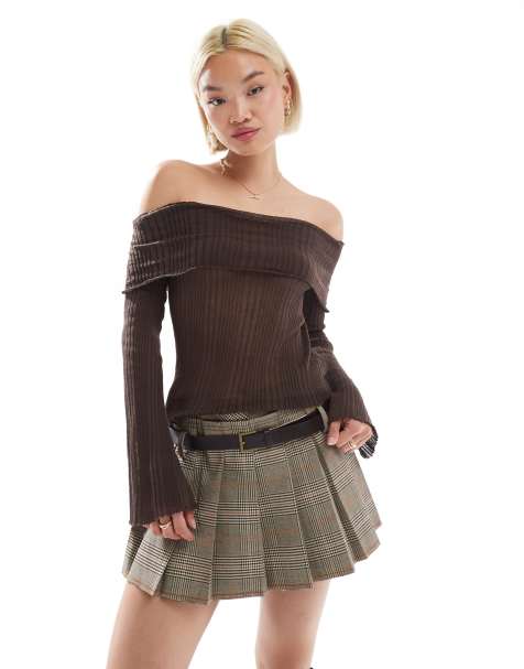 Stradivarius STR light knit off shoulder top in brown - view 1