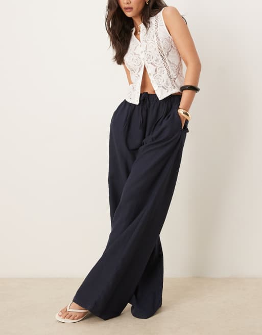 Stradivarius STR linen blend pants with drawstring in navy