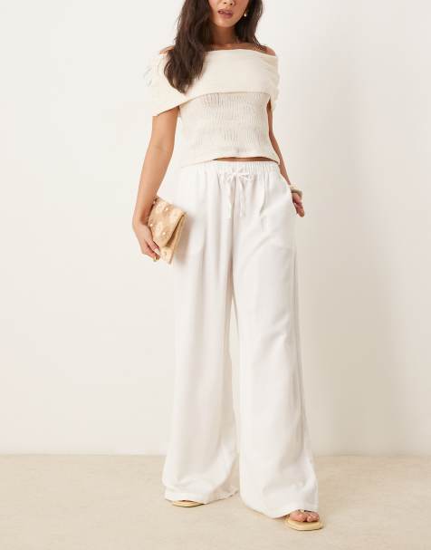 Stradivarius STR linen look trouser with drawstring in ecru - view 1