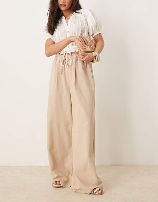 Stradivarius STR linen mix pants with drawstring in stone