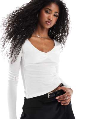 Stradivarius Str Long Sleeve Twist Front Top In White