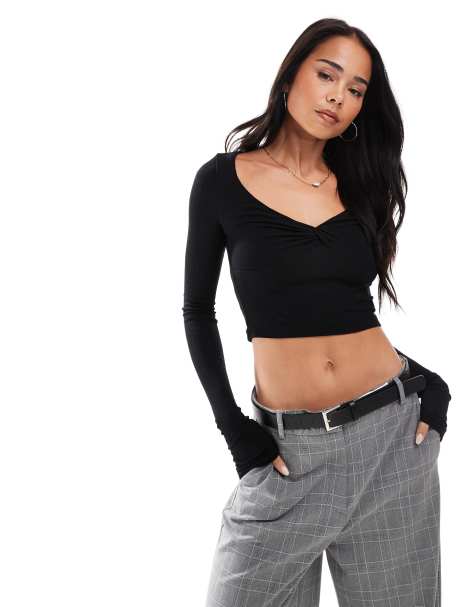 Stradivarius STR long sleeve v neck top in black - view 1