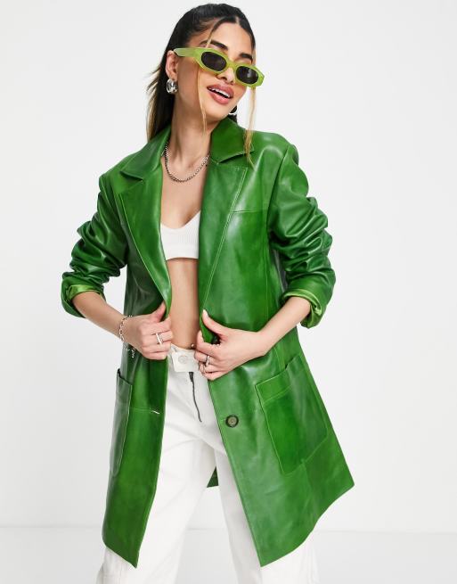 Stradivarius – STR – Marynarka oversize ze skóry naturalnej w kolorze butelkowej zieleni